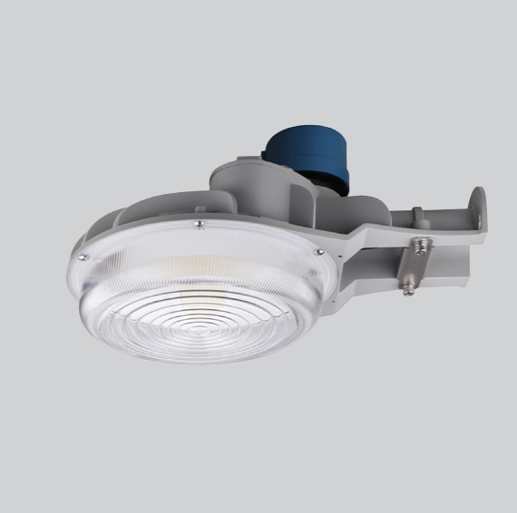 40W Dusk to Dawn LED Area Light. 120-277V Input, 5000K, Includes NEMA Type 3-pin Twist Lock Photocell, Type V Optics, 0-10V Dimmable. Standard Gray Housing